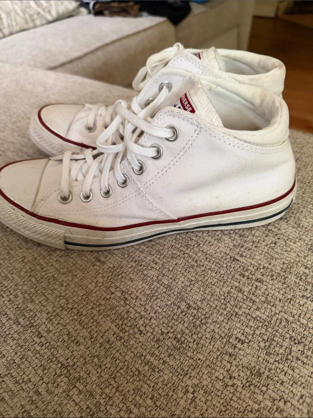 Converse White High Top Sneakers with Red Stripe